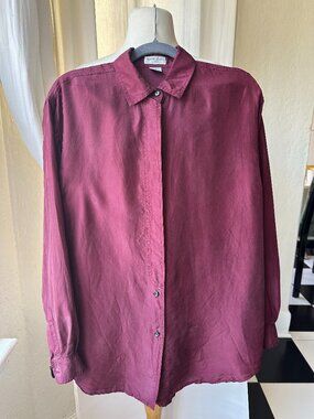 Robert Stock Limited 100% Silk Blouse M Burgundy Oversized Button Up Shirt